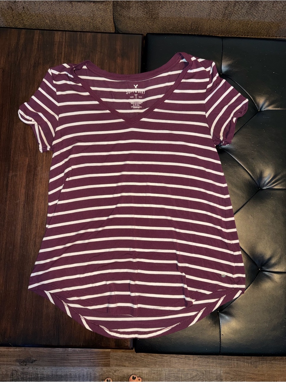 American Eagle Outfitters Purple & White Striped V-Neck Tee